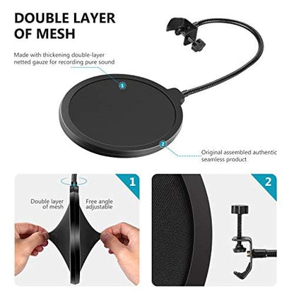 Neewer Professional Microphone Pop Filter Shield Compatible with Blue Yeti and Any Other Microphone, Dual Layered Wind Pop Screen With A Flexible 360 Degree Gooseneck Clip Stabilizing Arm | Compatible with Blue Yeti and Other Mic, Dual Layered Wind Pop Sc