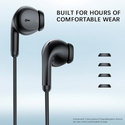 ASKUBSKU School Earbuds Wired 3.5mm Headphones with Mic for PC Laptop Black | Corded Earphone Stereo Clear Call Volume Control Semi in Ear Buds for Samsung A14 S10 A12 A25/Moto G Power School Travel