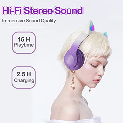 Kids Bluetooth Wireless Over-Ear Cat Ear Headphones with Microphone for Kids Teens Adults (Pro-Purple) | Cat Ear Headphones for Girls/Teenagers/Adults - color: New Purple