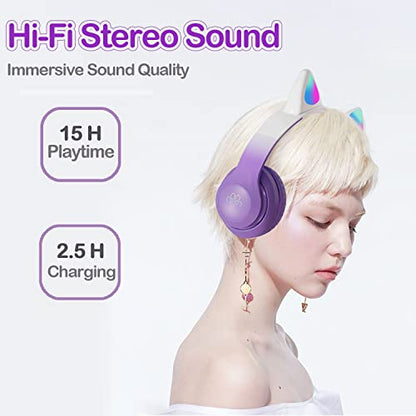Kids Bluetooth Wireless Over-Ear Cat Ear Headphones with Microphone for Kids Teens Adults (Pro-Purple) | Cat Ear Headphones for Girls/Teenagers/Adults - color: New Purple