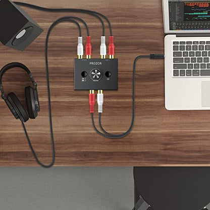 PROZOR RCA Stereo Audio Switcher - 2 in 1 Out R/L Stereo Audio Switch, 1 in 2 Out Stereo Audio Switcher Selector with Mute Button and No External Power Required (Black 2-1) | RCA L/R Stereo Switch with Volume Control, Mute Button, Passive Design and No Ex