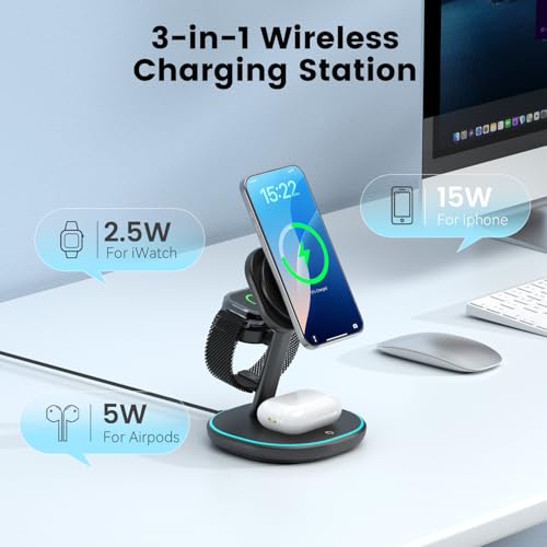 3-in-1 Charging Station, 2X Faster 15W Wireless Charging Station for iPhone 16/15/14/13/12, for Apple Watch, AirPods, Magnetic Wireless Charger with Sleep Friendly Light (Black)