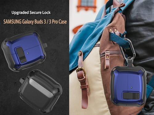 Galaxy Buds 3 Pro/3/3 FE Case Cover with Secure Lock Clip, Shockproof Samsung Galaxy Buds3/3 Pro 2024/3 FE 2025 Protective Hard Cover Shell with Carabiner&Cleaner kit for Men Womenn, Black/Blue - color: Black/Blue