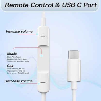 USB C Headphones Wired for iPhone 17 16 15 Pixel Galaxy | Wired USB C earphones, Plug and play, Microphone and Volume Control, Music/Call/Meeting/Jogging/Leisure/Commute