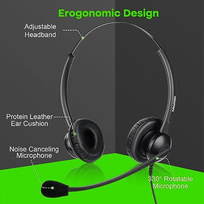 MAIRDI Phone Headset with RJ9 & 3.5mm Connectors for Landline Deskphone and Smartphone PC Laptops, Office Call Center Headset with Noise Canceling Microphone for Yealink Grandstream