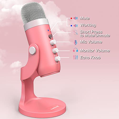 ZealSound Podcast Microphone for iPhone PC & Mac, Noise Cancellation USB Mic with Volume, Mute & Echo Control, Zero-Latency Monitoring, for ASMR, Podcasting, Vocal Recording & Voice-Over - K66 Pink