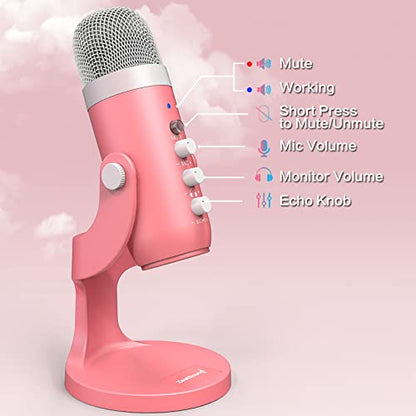 ZealSound Podcast Microphone for iPhone PC & Mac, Noise Cancellation USB Mic with Volume, Mute & Echo Control, Zero-Latency Monitoring, for ASMR, Podcasting, Vocal Recording & Voice-Over - K66 Pink
