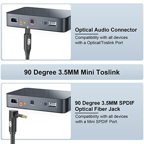 EMK Premium 90° Right-Angle Mini Toslink Cable (1.5Ft/0.5M) - 3.5mm Optical Digital Audio Cable for Sound Bars, TVs & Home Theater - SPDIF/Toslink Compatible, Black - color: Black4, size: 1.5 Feet/0.5M, style: 90 Degree Mini Toslink