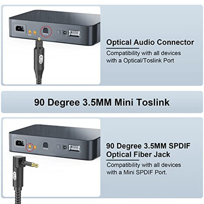 EMK Premium 90° Right-Angle Mini Toslink Cable (1.5Ft/0.5M) - 3.5mm Optical Digital Audio Cable for Sound Bars, TVs & Home Theater - SPDIF/Toslink Compatible, Black - color: Black4, size: 1.5 Feet/0.5M, style: 90 Degree Mini Toslink