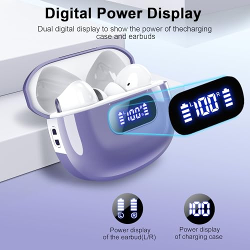 Wireless Earbuds, 2025 New Bluetooth 5.3 Headphones with LED Power Display, HiFi Stereo Deep Bass 48H Playtime 4 ENC Noise Cancelling Mic, in Ear Earphones IP7 Waterproof for Sport Walk - color: Silent Purple