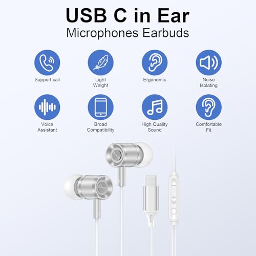 Wired Earbuds USB C Headphones for iPhone 17e 17 Pro Max Air 16e 16 Plus 16 Pro Max 15,Wired in-Ear Earphones USBC iPhone 17 Ear Buds with in-Line Microphone Call Control for Samsung S26 Ultra S25 FE - color: White