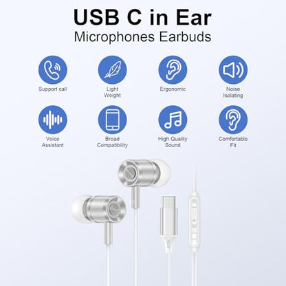 Wired Earbuds USB C Headphones for iPhone 17e 17 Pro Max Air 16e 16 Plus 16 Pro Max 15,Wired in-Ear Earphones USBC iPhone 17 Ear Buds with in-Line Microphone Call Control for Samsung S26 Ultra S25 FE - color: White