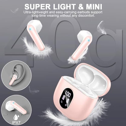 Wireless Earbuds, Bluetooth 5.4 Headphones 50H Playback Bass Stereo Ear Buds with 4 ENC Cancelling Mics, Bluetooth Earbuds Dual LED Display IP7 Waterproof in-Ear Earphones USB-C for Android iOS Pink