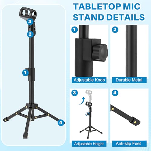 Relaxweex 4 Set Desktop Mic Stand Portable Foldable Adjustable Tabletop Microphone Stand Microphone Tripod with Mic Clip, Storage Bag and 5/8" Male to 3/8" Female Screw(Stylish,10.63''-15.35'') - size: 10.63''-15.35'', style: Stylish