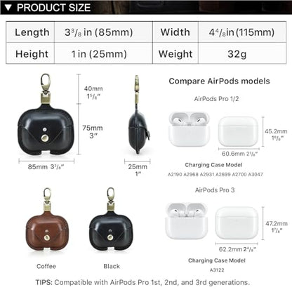 Hiram Leather Case Replacement for Airpods Pro 3 2025,Vegetable Tanned Leather Portable Travel Case Compatible with Airpods Pro 3,Headphone Cases Replacement for AirPods Pro 3 Charging(Black) - color: Black