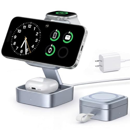 3 in 1 Wireless Charging Station for Apple Devices, Magnetic Foldable Travel Fast Charger Stand Compatible with MagSafe for iPhone Air/17/16/15/14/13/12 Series, Apple Watch & AirPods Pro/4/3/2-Blue - color: Blue