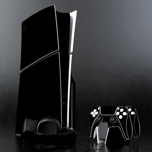 PlayVital Full Set Skin Sticker for ps5 Slim Console Disc Edition (The New Smaller Design), Vinyl Skin Decal Cover for ps5 Controller & Headset & Charging Station & Media Remote - Black - color: Black