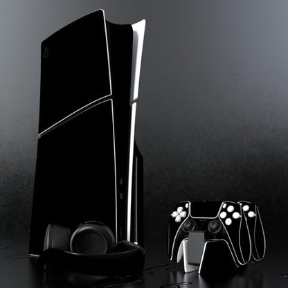 PlayVital Full Set Skin Sticker for ps5 Slim Console Disc Edition (The New Smaller Design), Vinyl Skin Decal Cover for ps5 Controller & Headset & Charging Station & Media Remote - Black - color: Black