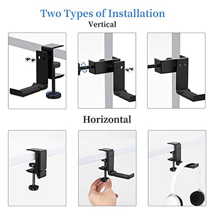 Aluminium Headphone Stand Hanger Under Desk, Foldable Headset Holder with Cable Organizer, Adjustable Clamp-On Headphone Hook, Non-Slip Desk Mount for Gaming Headphones, Bags & Accessories