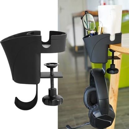 Space Saving Clamp On Headphone Holder with Pen Cup Holder for Easy Access On Any Desk Surfaces No Drill Headsets Holder