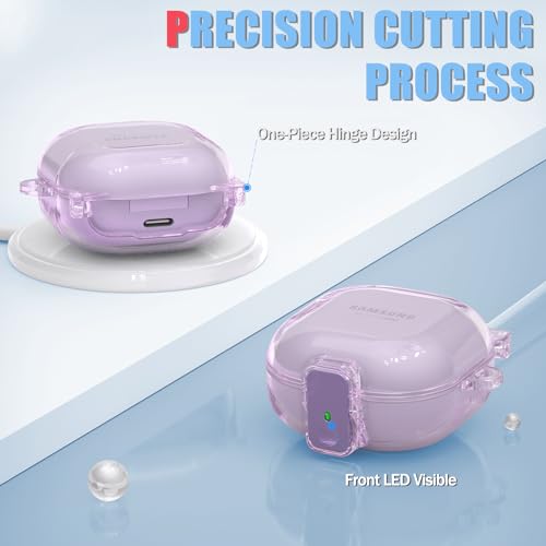 Inesore Case for Samsung Galaxy Buds FE/Buds 2/Pro/Live (Purple) | Safety Lock Design Prevents Loss, Clear Anti-Yellow PC Shell, 3-in-1 Cleaning Tool, Metal Clasp, Silicone Lanyard - color: A1-Purple