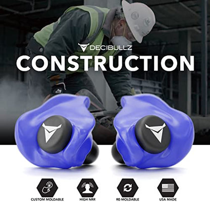 Decibullz Custom Molded Ear Plugs, 31dB NRR Shooting Ear Protection (Blue) | Reusable & Re-moldable, For Range Officers, Jobsite Crews & Musicians, Travel & Concert Use, Earplugs, American Company - color: Blue
