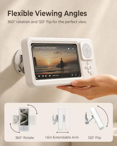 Shower Phone Holder Waterproof with Wireless Bluetooth Speaker | IP67, Anti-Fog HD Touch Screen, Bathroom Wall Mount Phone Case, 360° Rotating, Hands-Free Calls, Fits 4.7-7" Phones