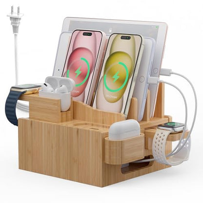 Pezin & Hulin Multiple USB Charging Station Including Charger HUB, 5 Cables | Wooden Bamboo Dock Station for Cell Phones, Tablets, Earpods and Smart Watch -Natural Bamboo