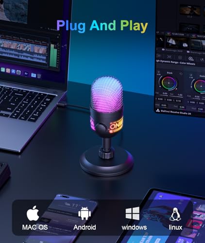 USB Gaming Microphone, RGB Condenser Mic for PC PS4 PS5 Mac, Plug & Play, Tap to Mute, Gain Control, Zero-Latency Monitoring for Streaming Podcasting Recording