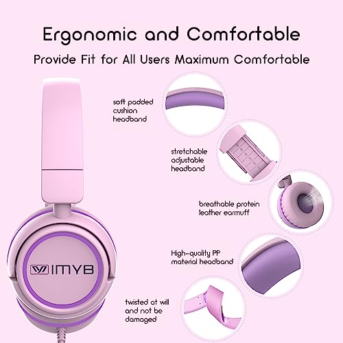IMYB Kids Headphones, V1 Wired Stereo Foldable Tangle-Free 3.5mm Adjustable On-Ear Headphones for Kids for School/Toddlers/Childrens/Teens/Boys/Girls/Ipad/Tablet/Kindle/Phones/Travel/Plane (Pink) - color: Pink