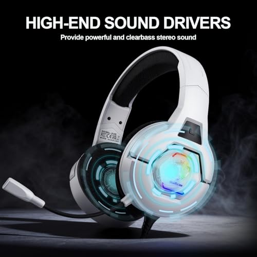 Docooler Gaming Headset with Microphone, Computer Headset with 50mm Drivers Omni Directional Microphone, RGB Lighting for Smartphone, Laptop, Desktop PC, Gaming Console (White) - color: White