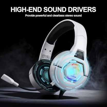 Docooler Gaming Headset with Microphone, Computer Headset with 50mm Drivers Omni Directional Microphone, RGB Lighting for Smartphone, Laptop, Desktop PC, Gaming Console (White) - color: White