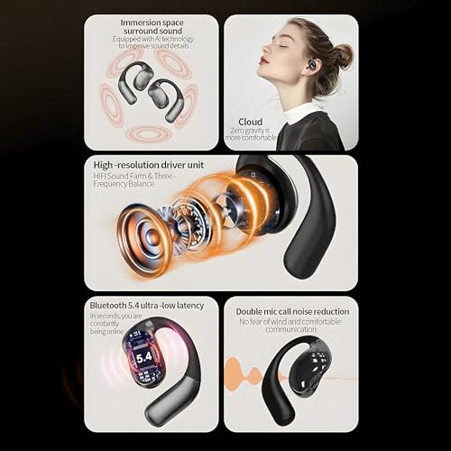 CYBERDRIVE Open-Ear Headphones, Sleep Earbuds Side Sleepers Wireless Earbuds 60+Hours Play, Hi-Res Stereo Sound Headphones with Smart Digital Display Design Fit Sports Running, Workout
