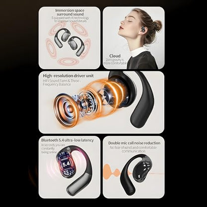 CYBERDRIVE Open-Ear Headphones, Sleep Earbuds Side Sleepers Wireless Earbuds 60+Hours Play, Hi-Res Stereo Sound Headphones with Smart Digital Display Design Fit Sports Running, Workout