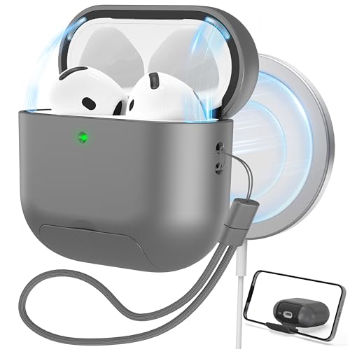 RFUNGUANGO AirPods 4 Case with Magnetic Lid Phone Stand, Grey | Compatible with AirPods Pro 4th Generation, Wireless Charging Compatible with Cleaning Kit & Lanyard - color: WCW-Grey, size: AirPods 4 Case