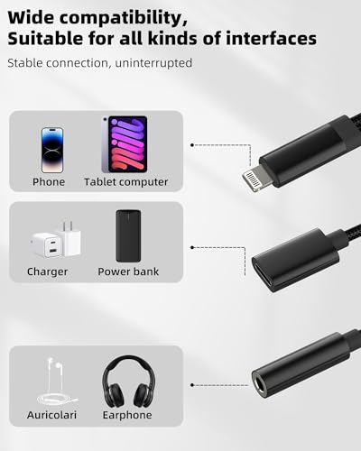 Lightning to 3.5mm Headphone Jack Adapter(2in1)for iPhone 14 13 12 Pro Max Charger Headset Splitter AUX Audio Cable Connector for Apple MFI Certified Earphone Charging Adaptor for iPad Car Accessories