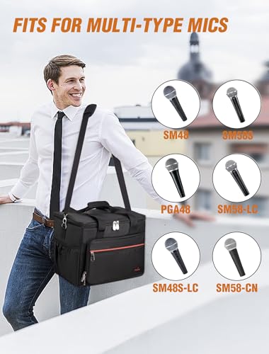 Microphone Case for 8 Mics, Travel Microphone Bag with Foam for Wired and Wireless Microphones, Microphone Carrying Case with Adjustable Strap for SM58s Vocal Mics, Mic Clips, XLR Cables and Charger