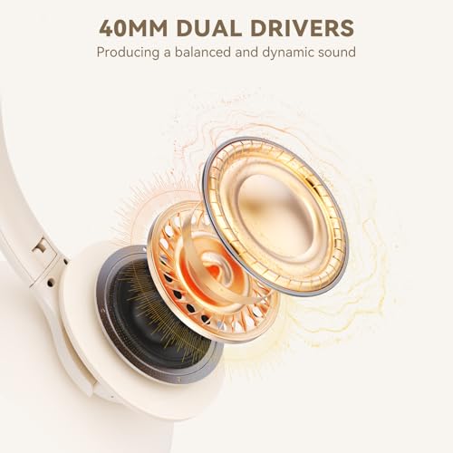 KVIDIO Bluetooth Headphones Over Ear, 65 Hours Wireless Headphones with Mic, Low Latency Foldable Lightweight Headset with Deep Bass, HiFi Stereo Sound Headphones for School Work Cellphone Sports - color: Beige
