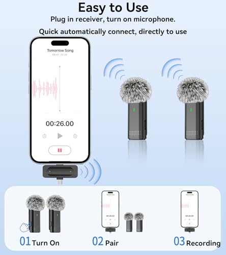 NPTCL Wireless Lavalier Microphone for iPhone and Android, 2-Pack Mini Lapel Mic, Noise Cancelling, 6-Hour Battery Per Mic for Vlog, Live Streaming, Podcast Recording, Content Creation