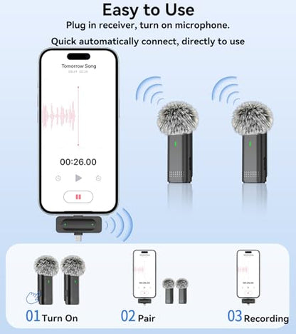 NPTCL Wireless Lavalier Microphone for iPhone and Android, 2-Pack Mini Lapel Mic, Noise Cancelling, 6-Hour Battery Per Mic for Vlog, Live Streaming, Podcast Recording, Content Creation
