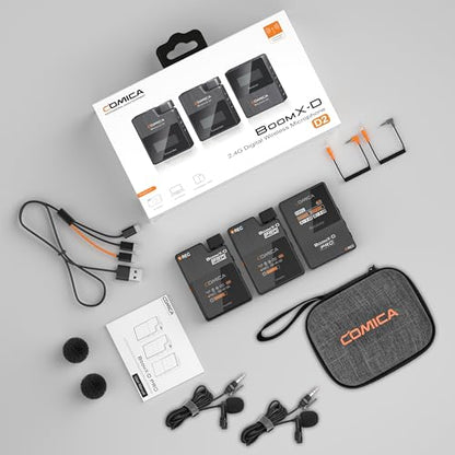 COMICA BoomX-D2 PRO Wireless Lavalier Microphone for iPhone Android Camera | Built-in 16GB Recorder, Noise Cancellation, 656ft Stable Range, Safety Audio Track, for YouTube, TikTok, Vlog, Interview