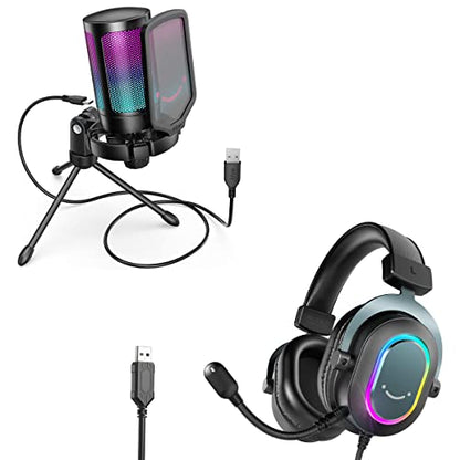 FIFINE Gaming USB Microphone with Headset Bundle for PS5, PC Condenser Mic with Quick Mute, RGB, Gain Control for Streaming, Wired Headphones with Microphone Set with EQ Mode, Soft Ear Pads (A6V+H6)