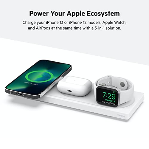 Belkin MagSafe 3 in 1 Wireless Charging Pad, Fast Charger (Renewed) | Apple Watch, iPhone 17/16/15/14, AirPods compatible, fast charging, certified refurbished, multi-device, Magnetic - color: White, style: Certified Refurbished