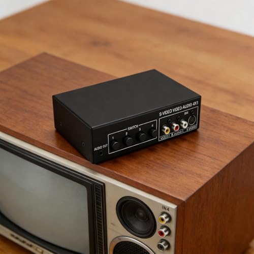 4x1 S Video and RCA Switcher, 4 Input 1 Output Audio Video Switch Selector Box for Game Consoles DVD Players, 720P Metal Shell Manual Push Button Switcher