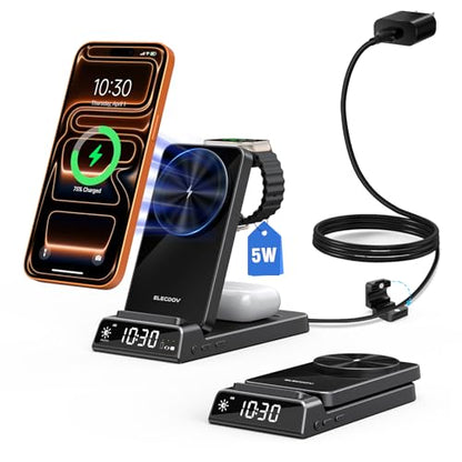 3 in 1 Charging Station for Apple,Travel Wireless Charger with Clock | ELECDOV Magnetic Charger for iPhone, Foldable Watch Charger Stand for iPhone 17/Air/16/15 Series, iWatch 10/AirPods 4 (Black) - color: Black