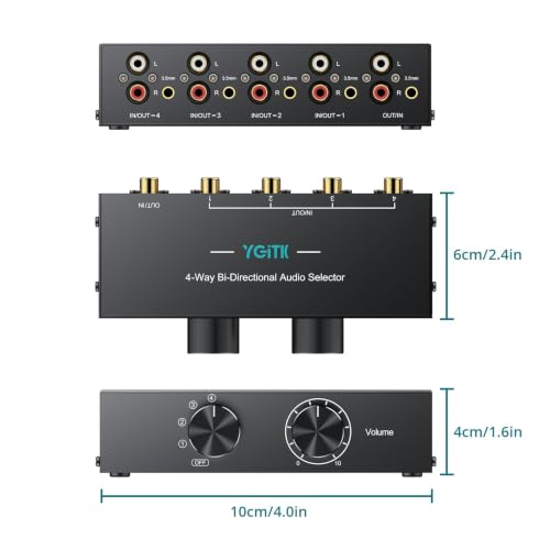 4-Way Stereo Audio Switcher 4-in-1/1-in-4-Out Bi-Directional for Speaker | YGiTK 3.5mm Aux&RCA L/R Audio Switch Selector Box with OFF Button, 1.5m/4.9ft RCA Cable for Headphones, Amplifiers, Computer - size: 4-Way
