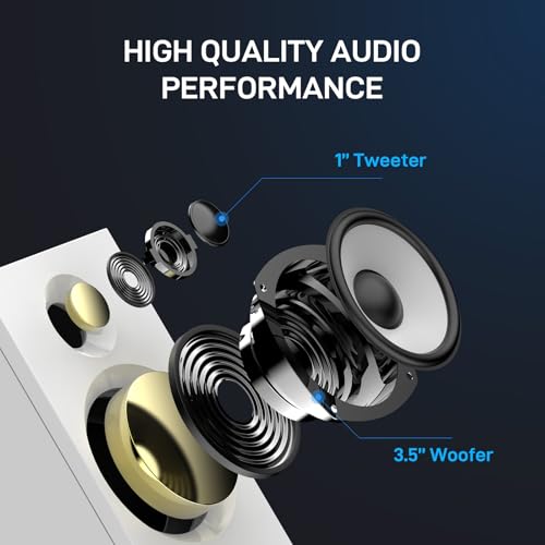Powered Bookshelf Speakers HiFi Computer Gaming Monitors with Bluetooth 5.3 & 24-Bit USB DAC Stereo Speaker PC Speakers 3.5" Woofer,1" Silk Dome Tweeter, Adjustable Bass/Treble BT16 - White - color: White