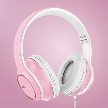 LORELEI X8 Over-Ear Wired Headphones with Microphone with 1.45m-Tangle-Free Nylon Line&3.5mm Plug,Lightweight Foldable & Portable Headphones for Smartphone,Tablet,Computer,Mp3/4（Pearl Pink） - color: Pearl Pink
