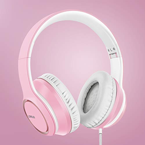 LORELEI X8 Over-Ear Wired Headphones with Microphone with 1.45m-Tangle-Free Nylon Line&3.5mm Plug,Lightweight Foldable & Portable Headphones for Smartphone,Tablet,Computer,Mp3/4（Pearl Pink） - color: Pearl Pink