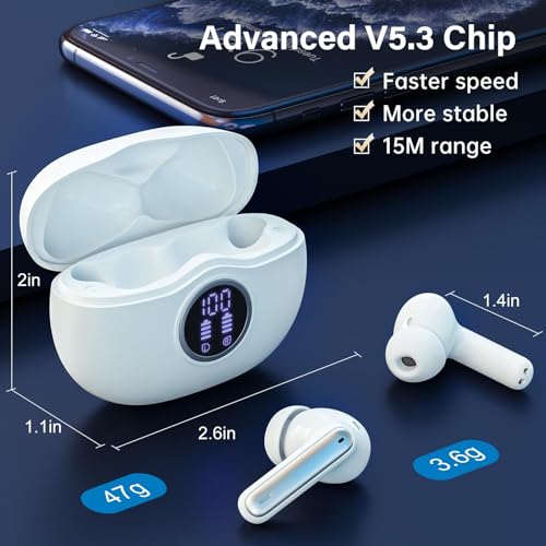 Wireless Earbuds, Bluetooth 5.3 Headphones HiFi Stereo 50H Playback LED Digital Display Ear Buds with ENC Noise Canceling Headset, IPX7 Waterproof Earphones for Gym/Running/Work（White） - color: White